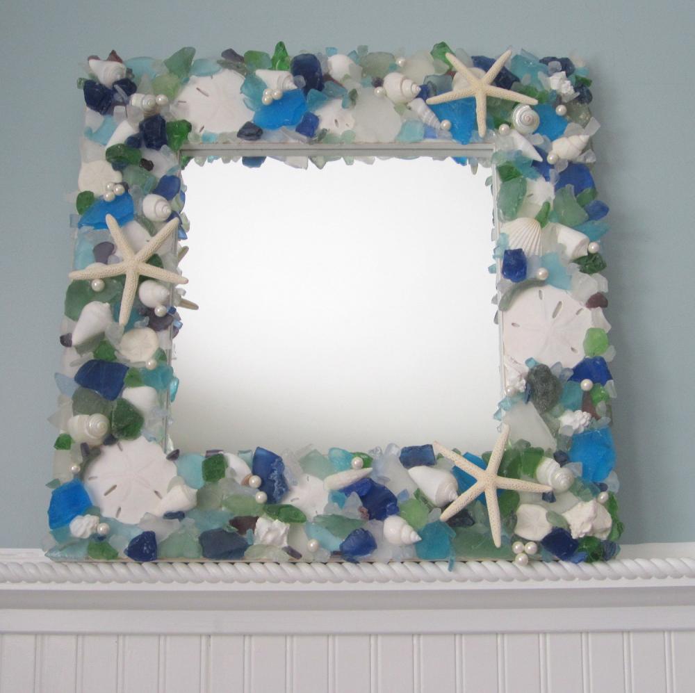 Sea Glass & Seashell Mirror Beach Decor - Shell Mirror w Sea Glass, Starfish, Pearls