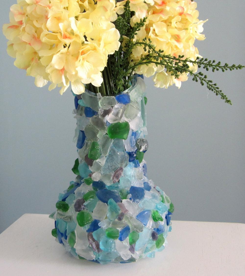 Beach Decor Sea Glass Vase - Nautical Watercolor Beach Glass Vase, 12in