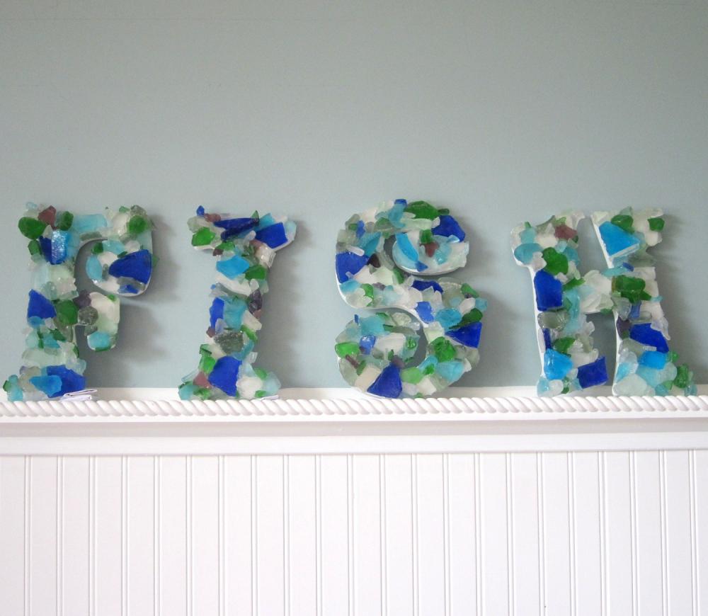 Wall Letters - Nautical Beach Decor Sea Glass Letters Spell FISH, Many Colors