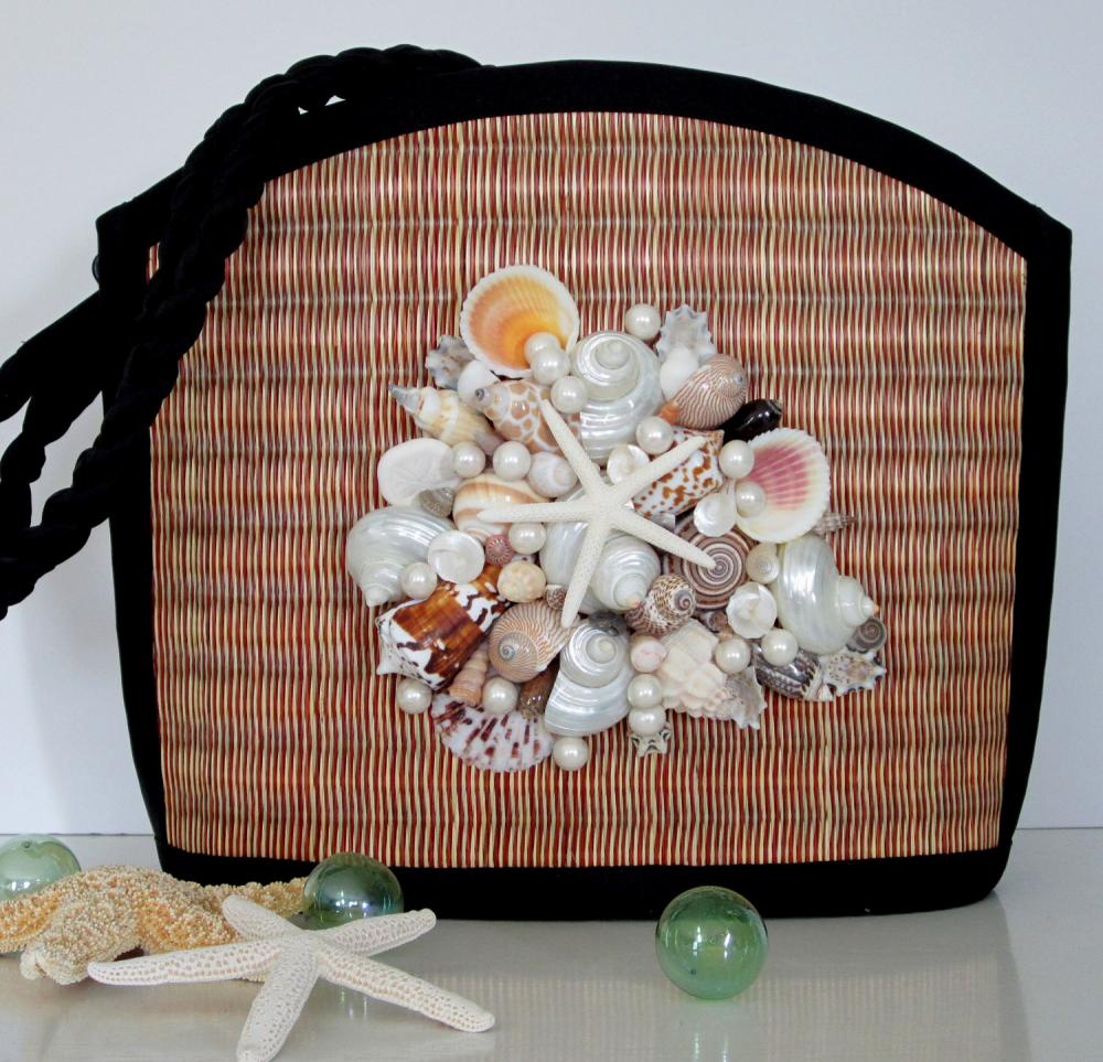 Nautical Seashell Purse - Shell Purse w Sea Grass, Shell, Pearl & Starfish Cluster, Large